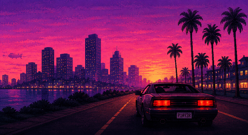A car on a coastal highway at sunset, city skyline and palm trees across the water.